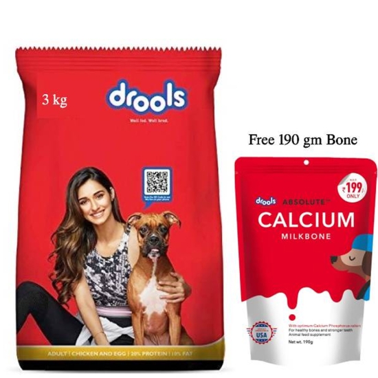 Drools Adult Dog Food 3kg - free calcium milk bone